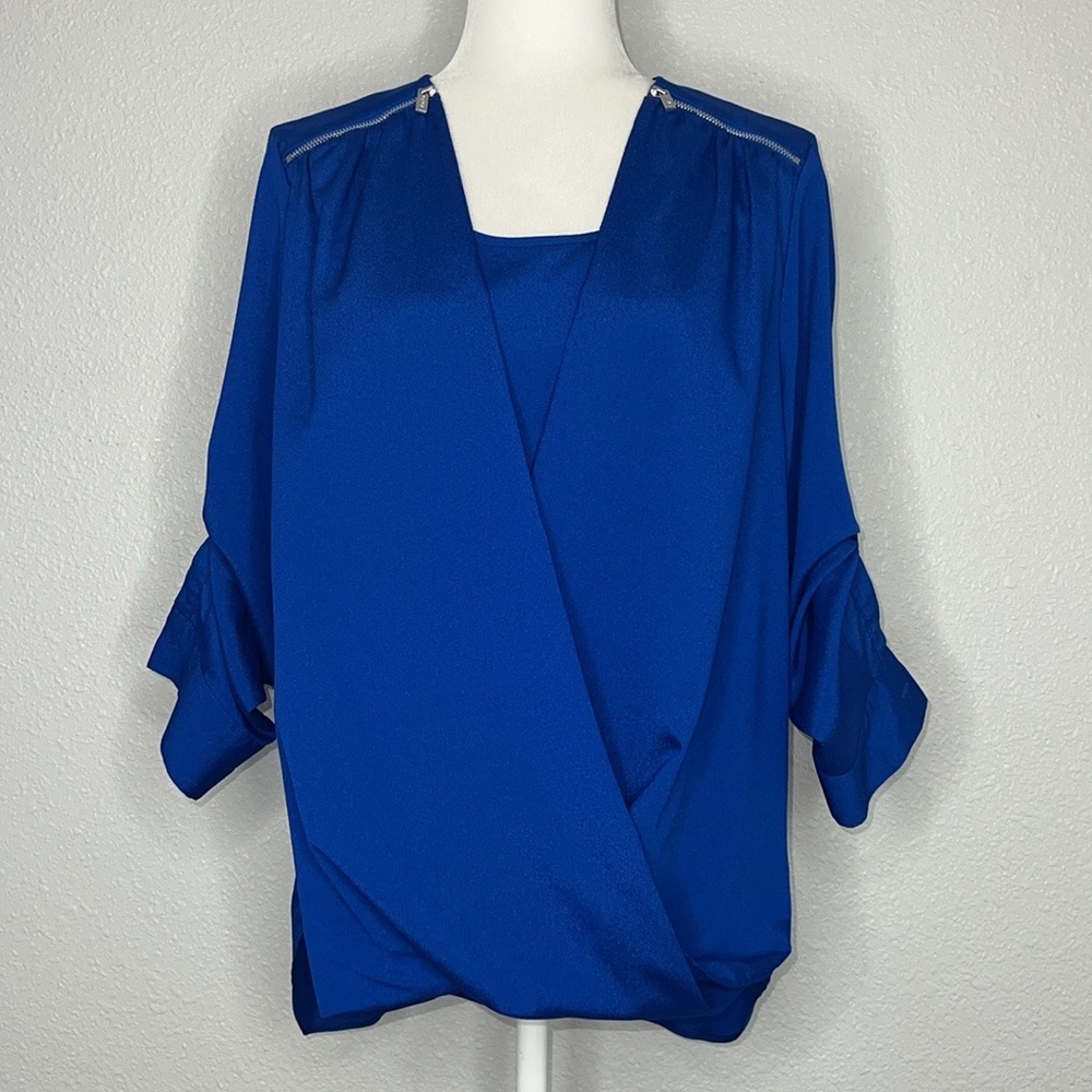 CALVIN KLEIN Cobalt / Royal Blue Faux Wrap
Silver Zipper Accents Chiffon Blouse - Picture 6 of 7